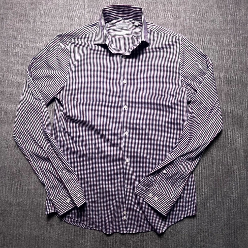 Michael Kors Travel Stretch Dress Shirt Mens 15 34/35 Gingham Check Slim Fit